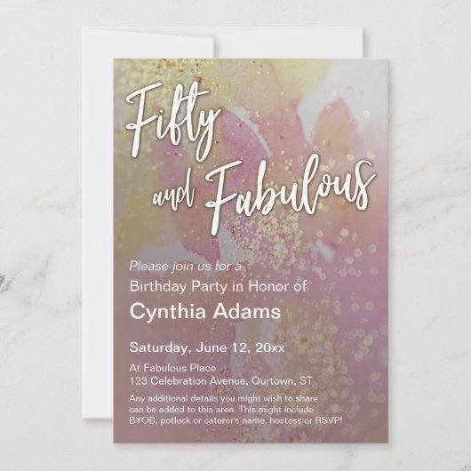 ピンクイエローウォーターカラーグリッター50と素晴らしい 招待状 (正面)