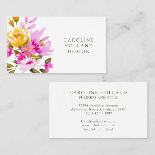 ピンクイエローウォーターカラーフローラフラワーシンプルデザイン 名刺 (正面/裏面)