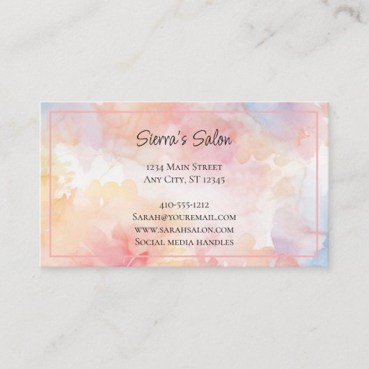 ピンクイエローウォーターカラー洗浄サロン爪、 ネイルロイヤリティ 名刺 (正面)