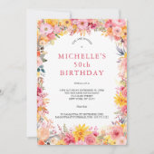 ピンクイエローウォーターフローラ50誕生日Her 招待状 (正面)