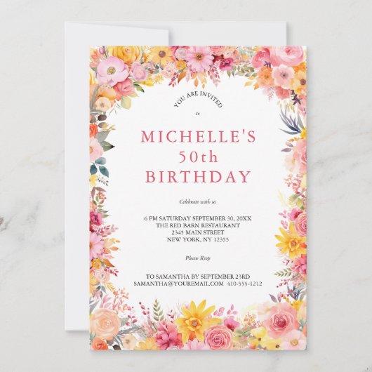 ピンクイエローウォーターフローラ50誕生日Her 招待状 (正面)