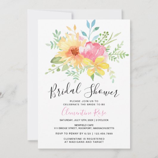 ピンクイエローウォーターブライダルシャワー 招待状 (正面)