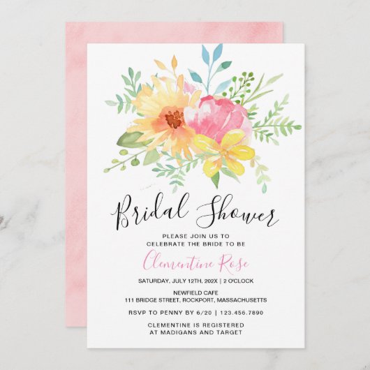 ピンクイエローウォーターブライダルシャワー 招待状 (正面/裏面)