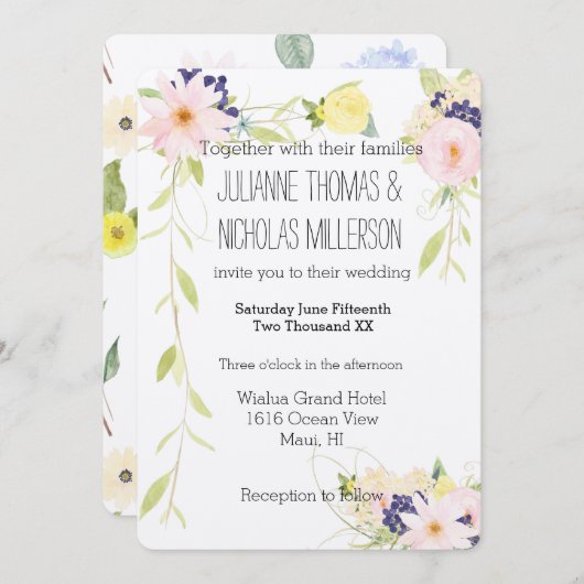 ピンクイエローウォーター色のフローラ結婚ズ 招待状 (正面/裏面)