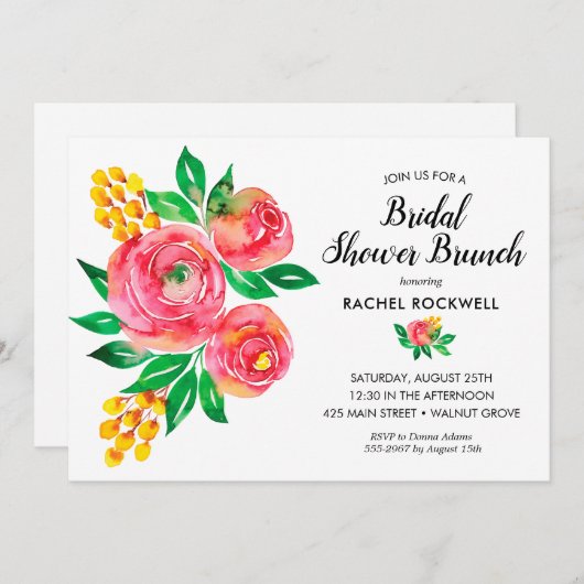 ピンクイエローウォーター色フローラブライダルシャワー招待状 (正面/裏面)