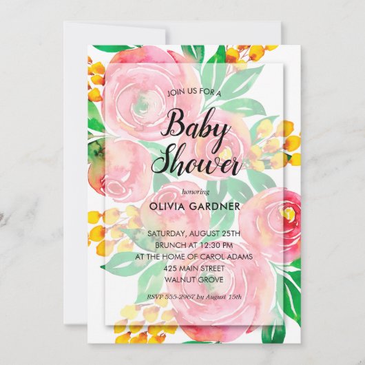 ピンクイエローウォーター色フローラベビーシャワー招待状 (正面)