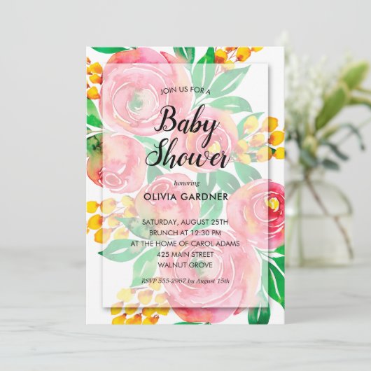 ピンクイエローウォーター色フローラベビーシャワー招待状 (スタンド正面)