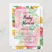 ピンクイエローウォーター色フローラベビーシャワー招待状 (正面/裏面)