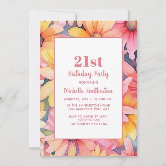 ピンクイエローオレンジウォーターフローラ21歳 招待状 (正面)