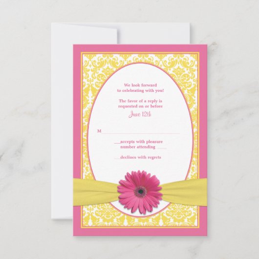 ピンクイエローガーベラ結婚デイジーの返信カード 出欠カード (正面)