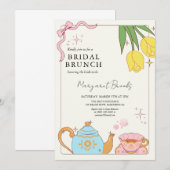 ピンクイエローキュートブライダルブランチ茶パーティー 招待状 (正面/裏面)