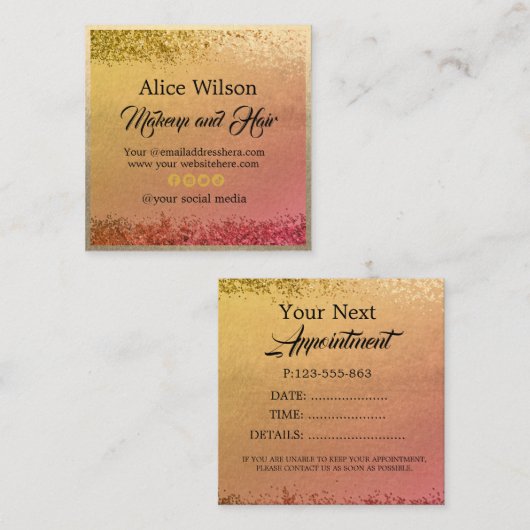 ピンクイエローグラデーション金ゴールドグリッターグラマラスサロン 予約カード (正面/裏面)