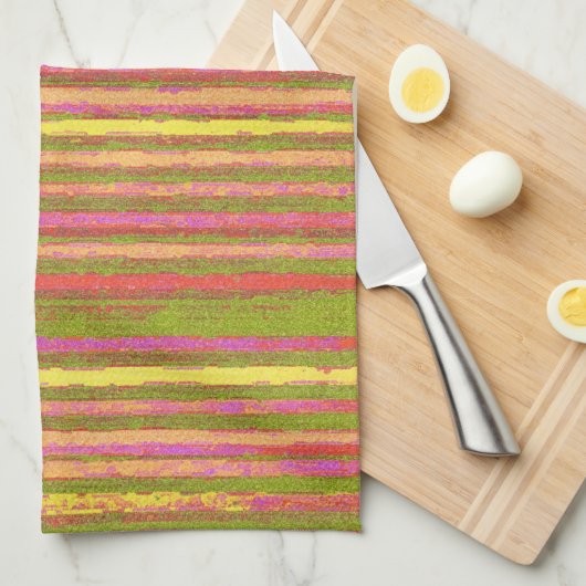 ピンクイエローグリーンヴィンテージストライプキッチンタオル キッチンタオル (四つ折り)
