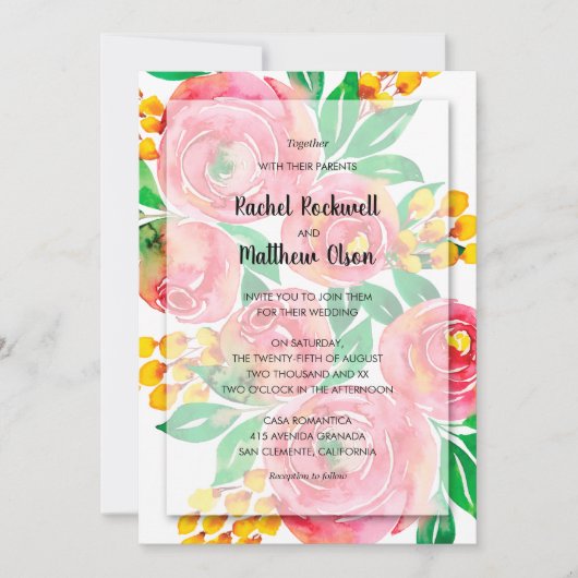 ピンクイエローコーラルウォーター色のフローラ結婚ズ 招待状 (正面)