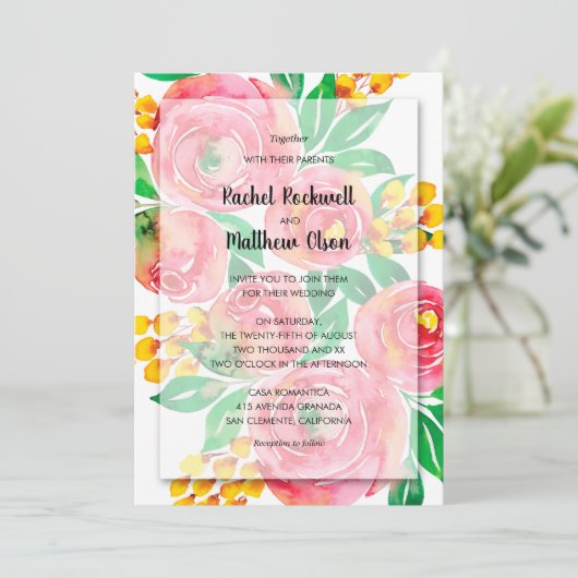 ピンクイエローコーラルウォーター色のフローラ結婚ズ 招待状 (スタンド正面)