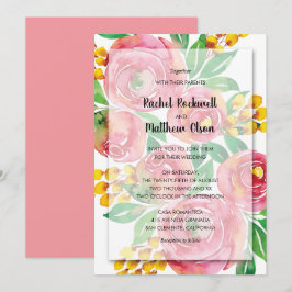 ピンクイエローコーラルウォーター色のフローラ結婚ズ 招待状