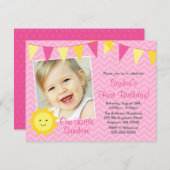 ピンクイエローサンシャインフォト誕生日 招待状 (正面/裏面)