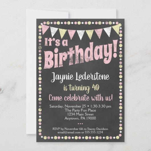 ピンクイエローシャルボード誕生日招待状 招待状 (正面)