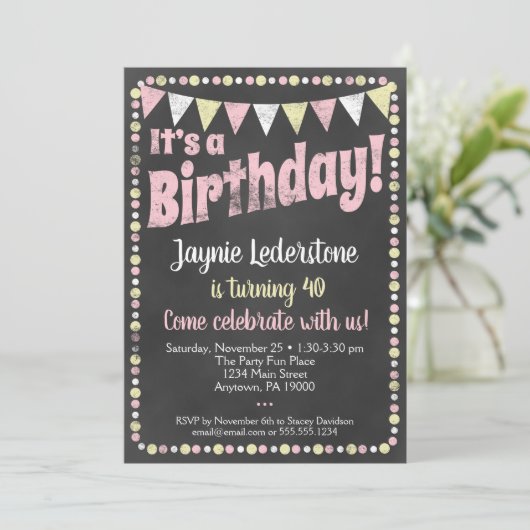 ピンクイエローシャルボード誕生日招待状 招待状 (スタンド正面)