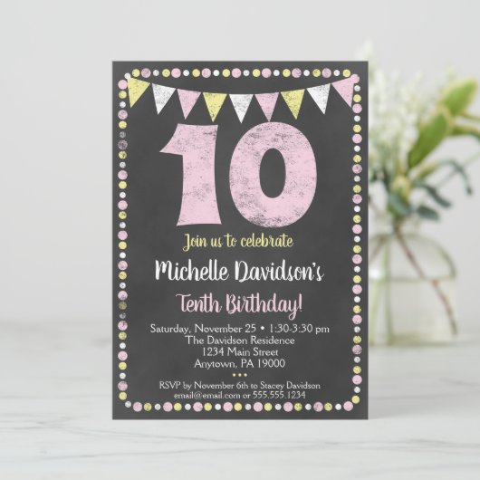 ピンクイエローシャルボード10誕生日招待状 招待状 (スタンド正面)