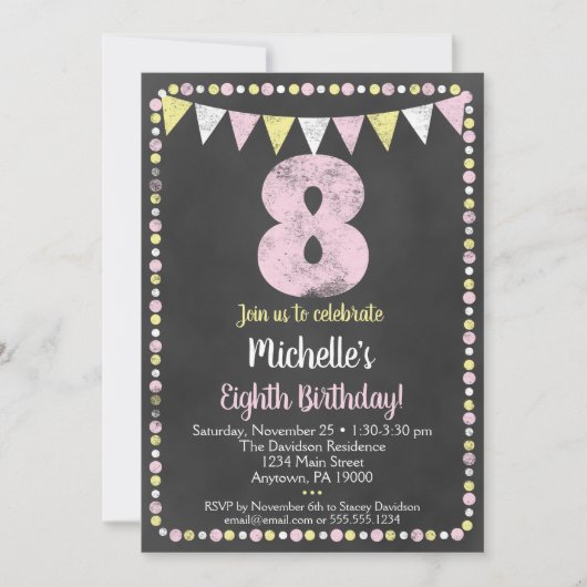 ピンクイエローシャルボード8番目の誕生日招待状 招待状 (正面)