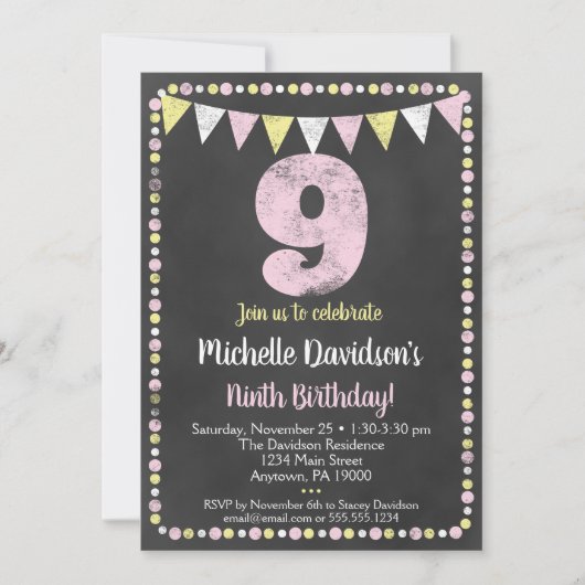 ピンクイエローシャルボード9th誕生日招待状 招待状 (正面)