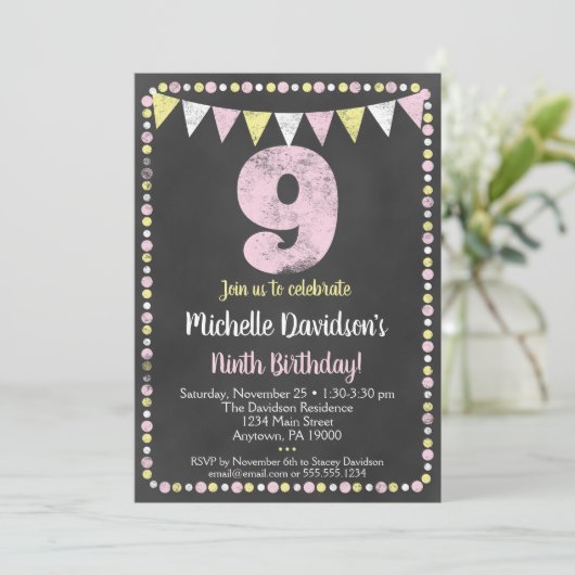 ピンクイエローシャルボード9th誕生日招待状 招待状 (スタンド正面)