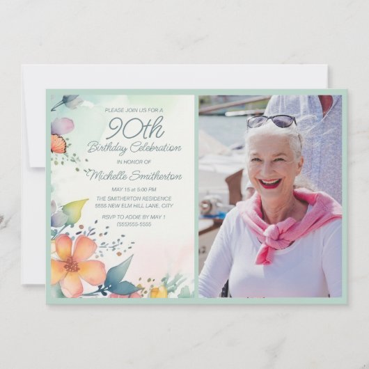 ピンクイエローティール（緑がかった色）パステルフローラ90誕生日写真 招待状 (正面)