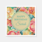 ピンクイエローティール（緑がかった色）水彩フローラハッピーバースデー スタンダードカクテルナプキン (正面)