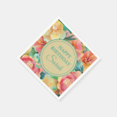 ピンクイエローティール(緑がかった色)水彩フローラハッピーバースデー スタンダードカクテルナプキン (角)