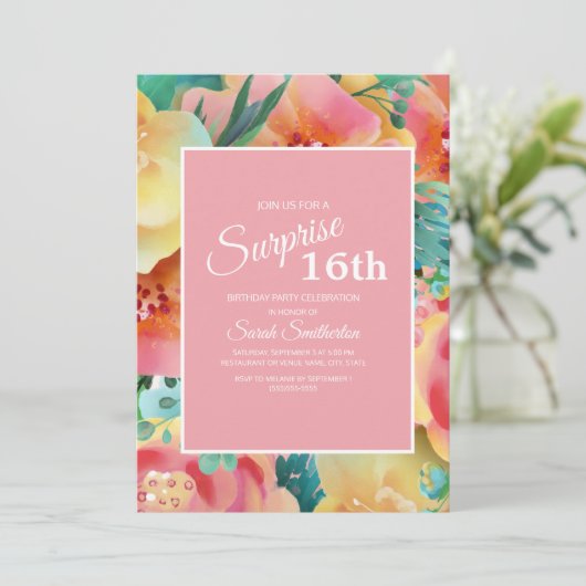 ピンクイエローティール（緑がかった色）水彩フローラ16誕生日 招待状 (スタンド正面)