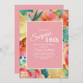 ピンクイエローティール(緑がかった色)水彩フローラ16誕生日 招待状 (正面/裏面)