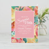 ピンクイエローティール(緑がかった色)水彩フローラ75誕生日 招待状 (スタンド正面)