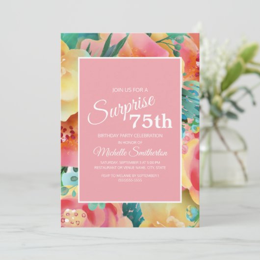 ピンクイエローティール（緑がかった色）水彩フローラ75誕生日 招待状 (スタンド正面)