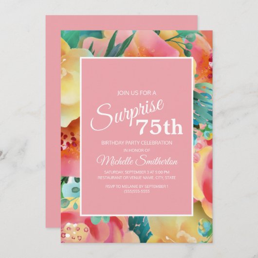 ピンクイエローティール(緑がかった色)水彩フローラ75誕生日 招待状 (正面/裏面)