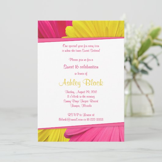 ピンクイエローデイジースイーツ16誕生日招待状 招待状 (スタンド正面)