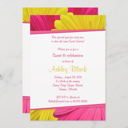 ピンクイエローデイジースイーツ16誕生日招待状 招待状 (正面/裏面)