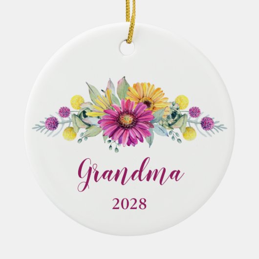 ピンクイエローデイジーフローラ新しいおばあちゃんフォトセラミック セラミックオーナメント (正面)