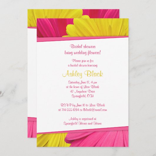 ピンクイエローデイジー結婚のブライダルシャワーへの招待 招待状 (正面/裏面)