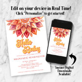 ピンクイエローハローレトロヒッパイフラワーベビーシャワー 招待状