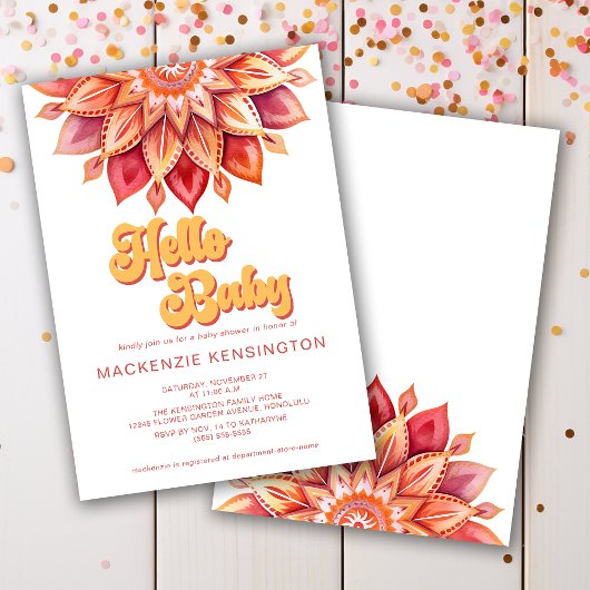 ピンクイエローハローレトロヒッパイフラワーベビーシャワー 招待状