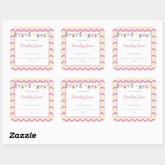 ピンクイエローバンティンベビーシャワー蔵書票 スクエアシール (シート)