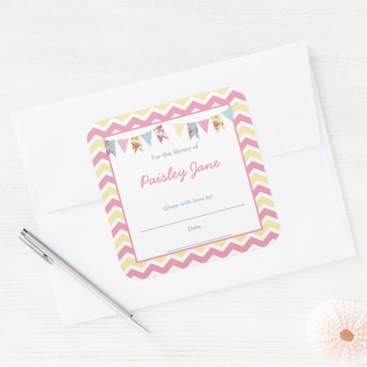 ピンクイエローバンティンベビーシャワー蔵書票 スクエアシール (封筒)