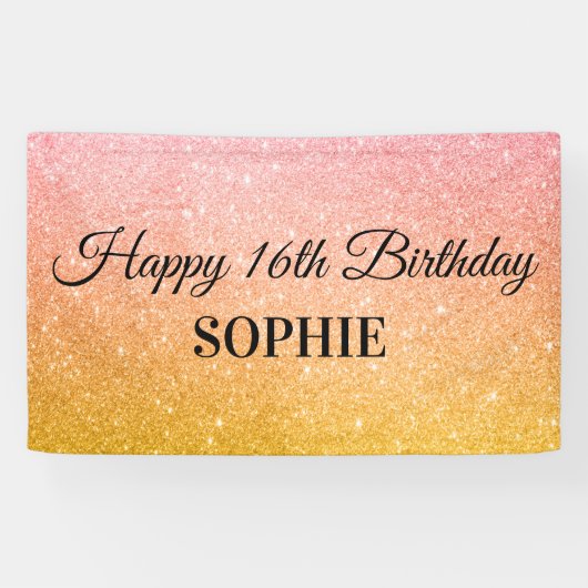 ピンクイエローバースデーパーティーグリッター 横断幕 (横)