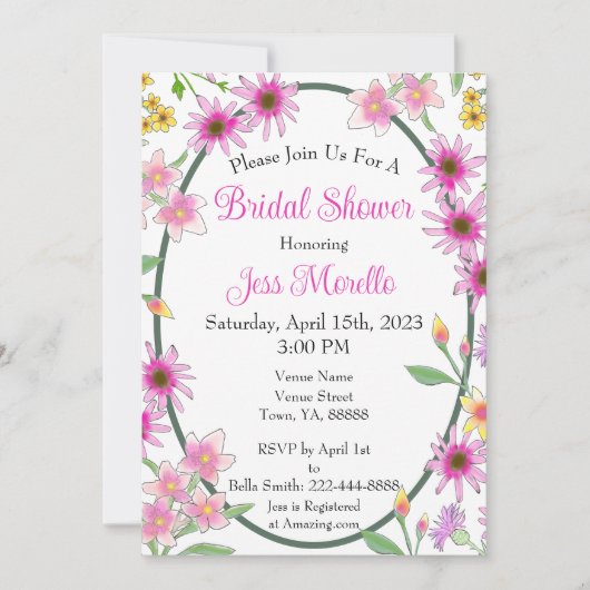 ピンクイエローフラワーズグリーンウォーターブライダルシャワー 招待状 (正面)