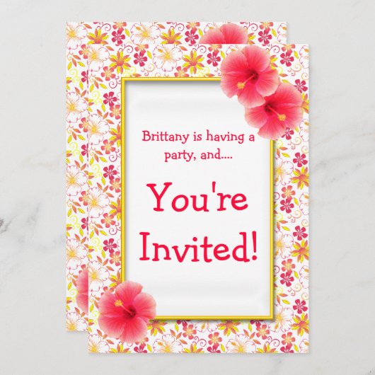 ピンクイエローフラワーズ子供の誕生日パーティの招待状 招待状 (正面/裏面)