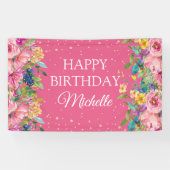 ピンクイエローフローラグリッターハッピーバースデー 横断幕 (横)