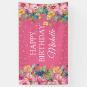 ピンクイエローフローラグリッターハッピーバースデー 横断幕 (縦)