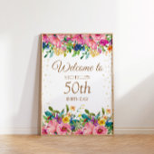 ピンクイエローフローラグリッター50th誕生日へようこそ ポスター