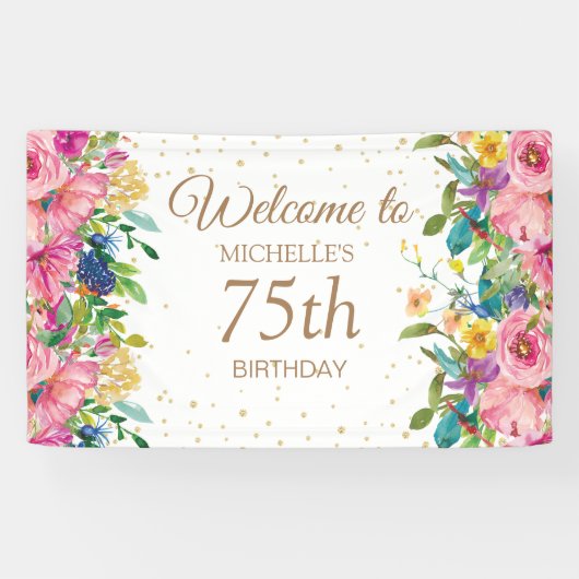 ピンクイエローフローラグリッター75th誕生日へようこそ 横断幕
